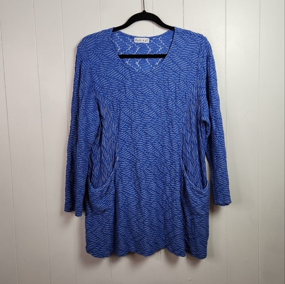 Habitat Tops - Habitat Lagenlook Blue Textured Tunic Top Shirt 3/4 Sleeves Size Medium Large